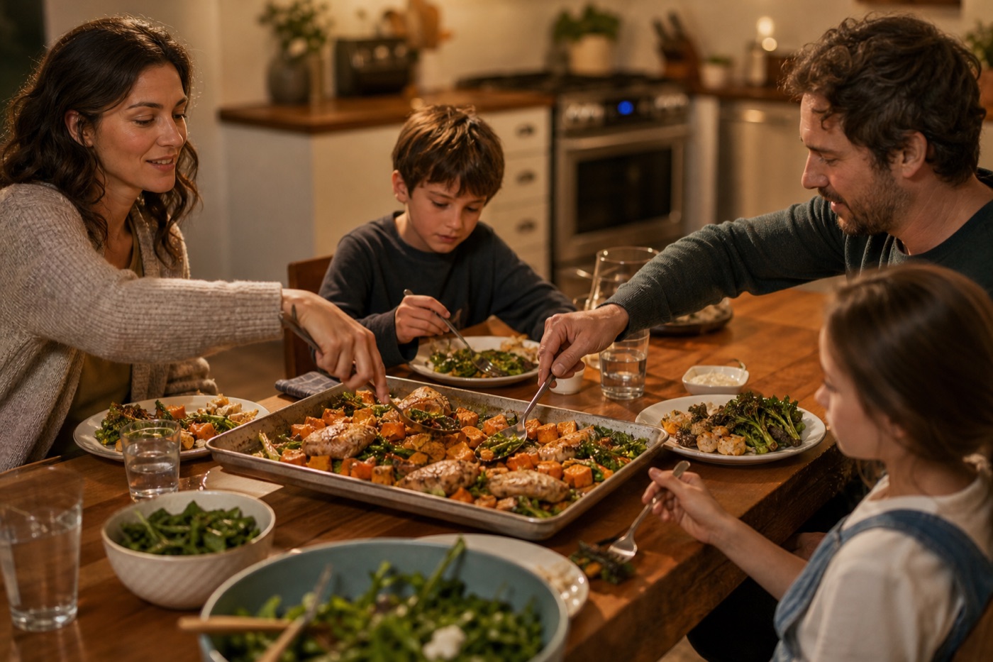 A weekday dinner table with a sheet-pan meal of chicken, sweet potatoes and greens